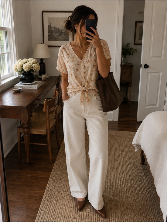 Madewell Tops - Madewell Cream Floral Tie-Front V-Neck Blouse